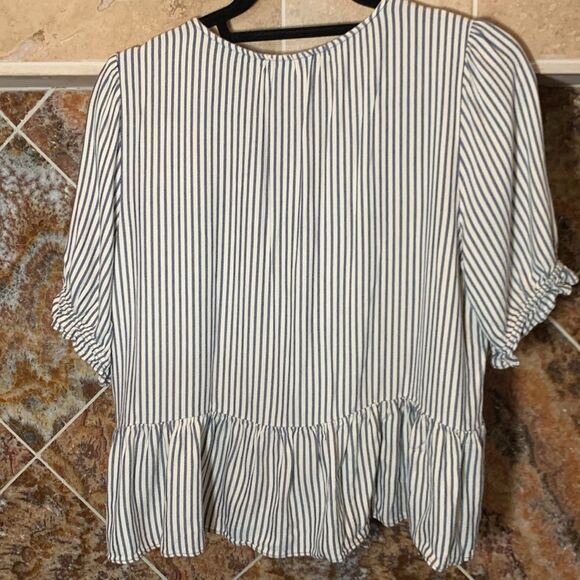 Madewell Women’s Courtyard Ruffle-Hem Top in Stripe Blue and Cream Size Medium - Picture 7 of 11